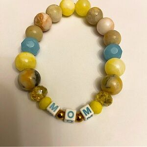 Mom Mother Wrist Bracelet with Agate Beads 10mm Size in Yellow Lemon, Blue & Tan